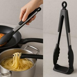 13 Multi Purpose Silicone Kitchen Tongs for Frying and Pasta with Integrated Stand to Keep Countertops Clean Black