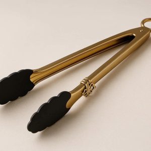 16 Luxury Gold Stainless Steel Food Tongs for Elegant Table Service with Silicone Tips and Decorative Locking Clip